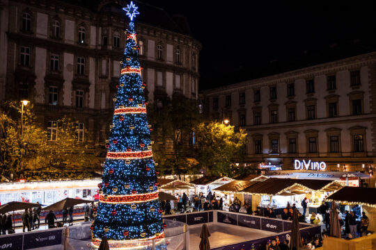 karácsonyi vásár, karácsonyfa egy tér közepén, esti fények