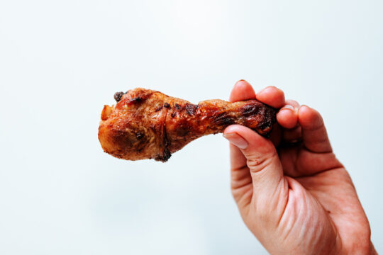 sült csirke egy kézben, kék háttér előtt