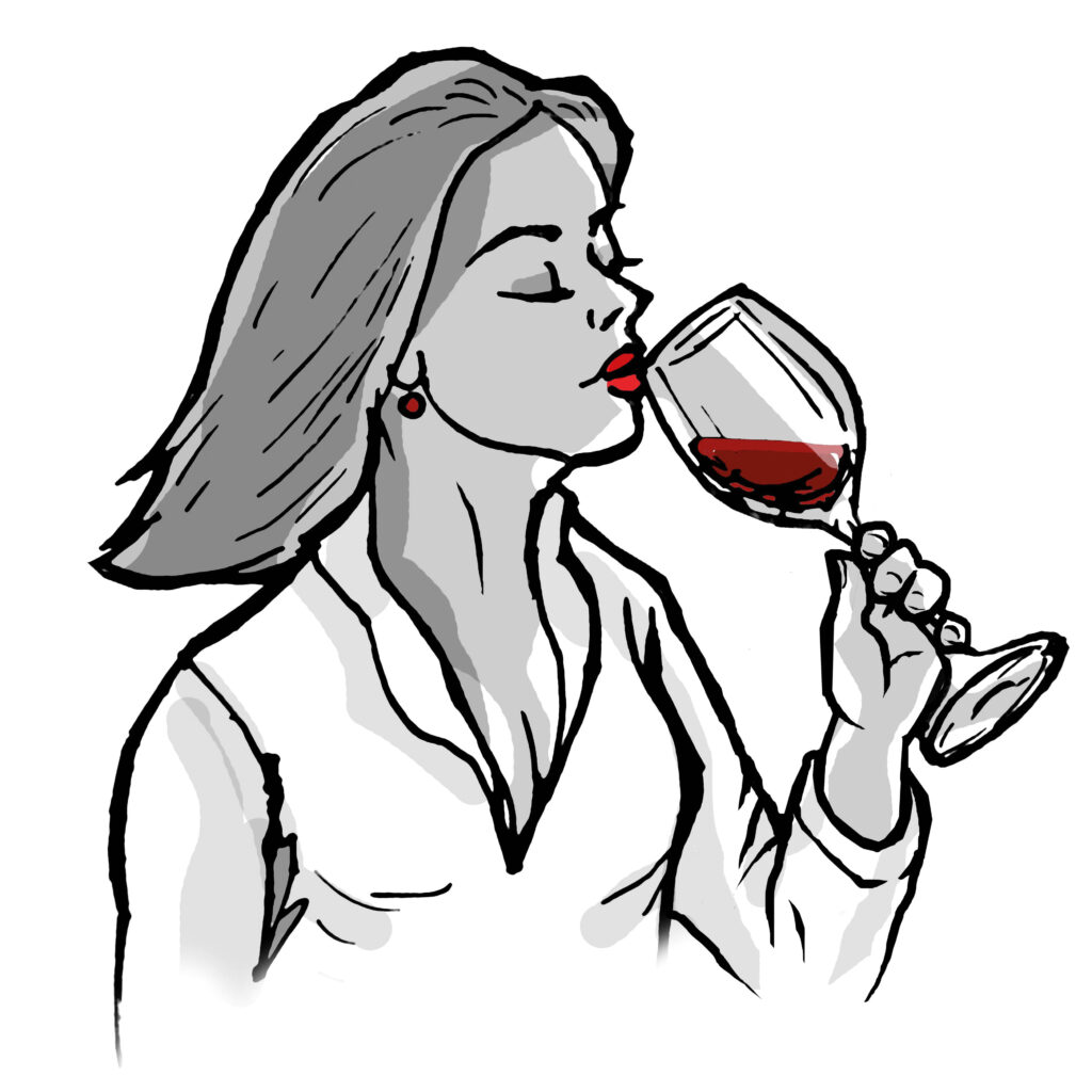 rajzolt nő vörösbort iszik