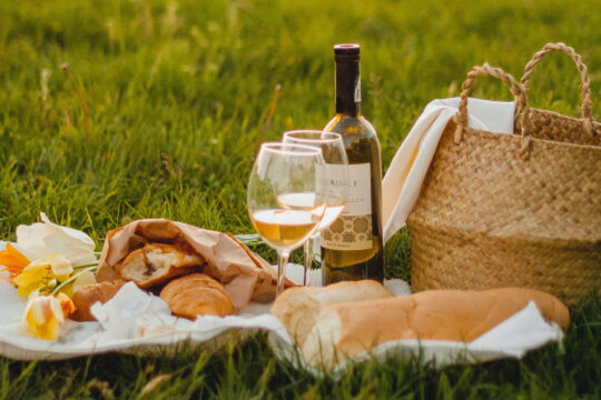 borospalack, pohár, kenyér, kosár a fűben