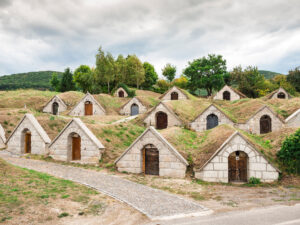 földbe vájt pincék ajtaja, nappal, Tokaj, Hercegkút