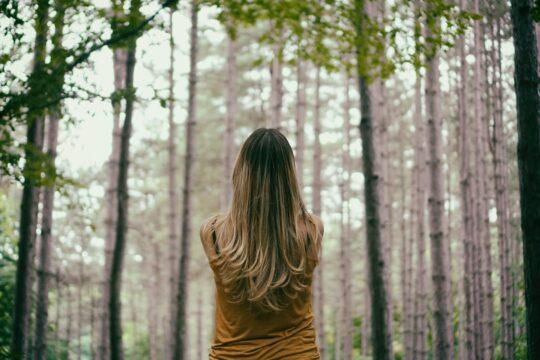 szőke hajú nő áll az erdőben